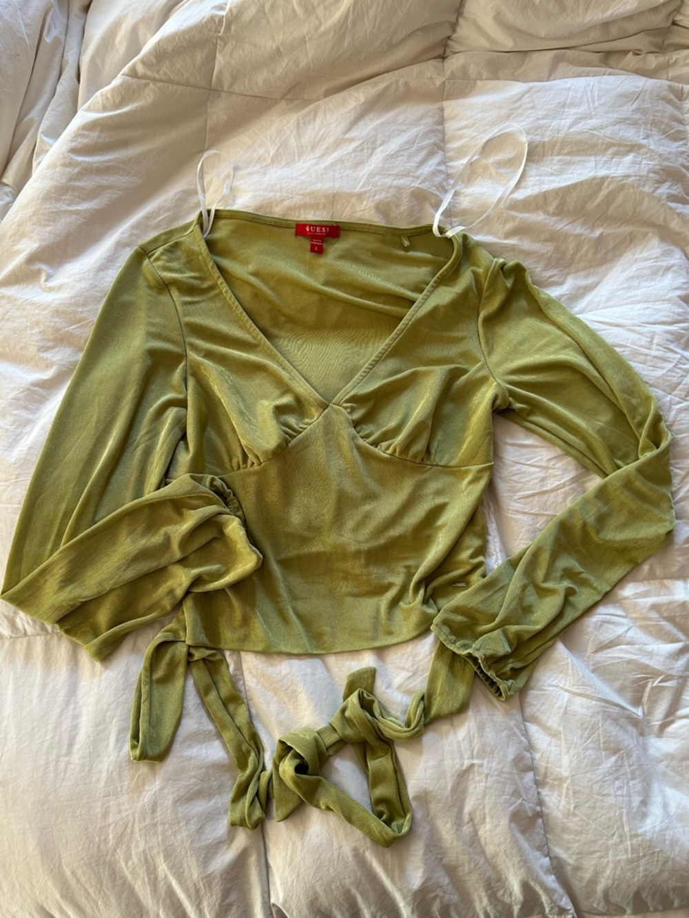 Guess Olive Green Velvet V-Neck Wrap Long Sleeve Top